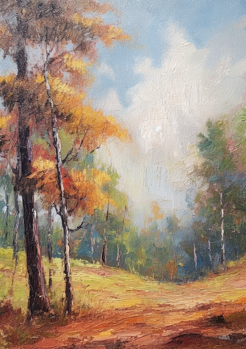 描绘秋天森林的油画山水画蓝天白云黄叶地,高清,摄影图,摄影图片,图片大全,摄影图免费下载